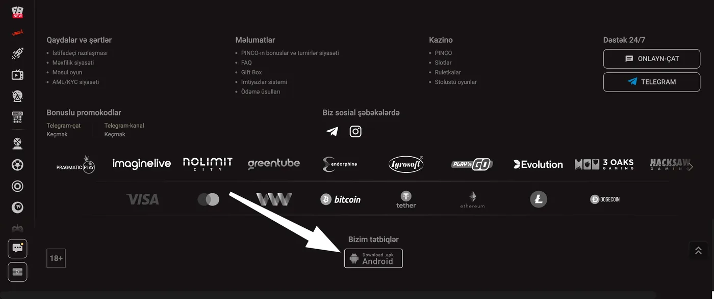 PINCO saytının altındakı «Bizim tətbiqlər» blokunda APK yükləmə düyməsi