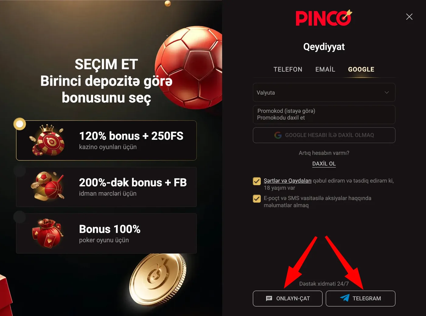 PINCO-da dəstək xidmətinin onlayn-çat və Telegram düymələri