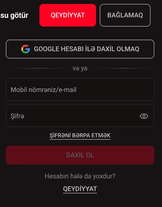 PINCO-da hesaba giriş paneli: Google düyməsi, nömrə və şifrə sahələri