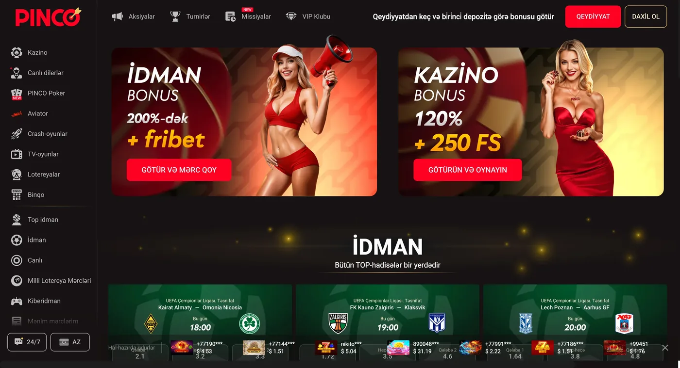 PINCO ana səhifəsində idman və kazino üçün xoş gəldin bonusu bannerləri