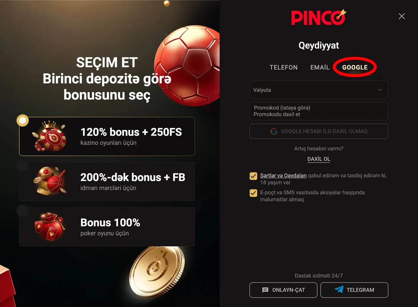 PINCO qeydiyyat formasının Google variantı: şifrə sahəsi yoxdur